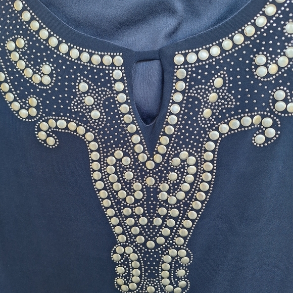 Be Smart Dress Embellished V Neck SzL? Cap Sleeves Navy Knee Length - Picture 8 of 8